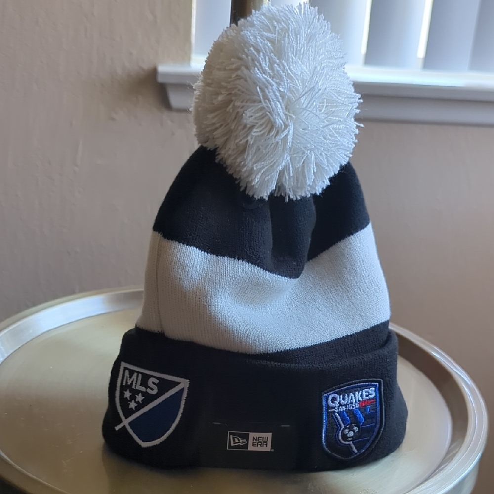 New Era Black and White Beanie with Pom